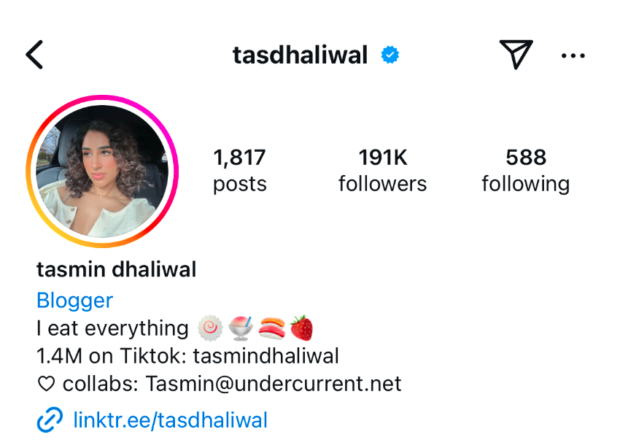 tasmin dhaliwal I eat everything on bio with emojis